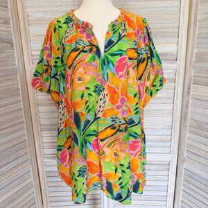 Bright Tropical Print Peasant Top | Split Neckline | Puff Sleeves | Size 2X